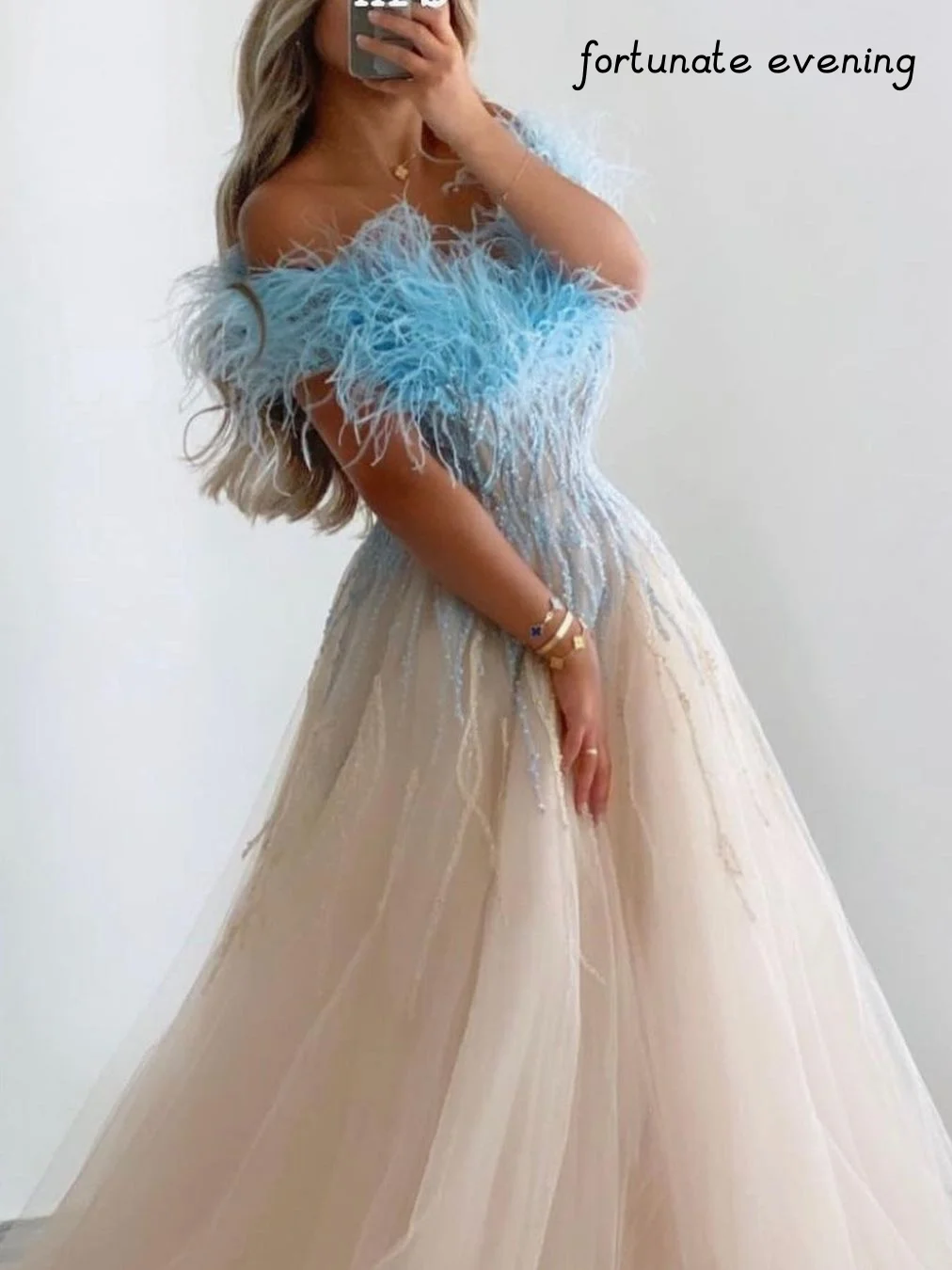 

Fortunate Evening Elegant Vintage Sweet Feathers Beaded A-Line Boat Neck Formal Occasion Prom Dress Evening Party Gowns