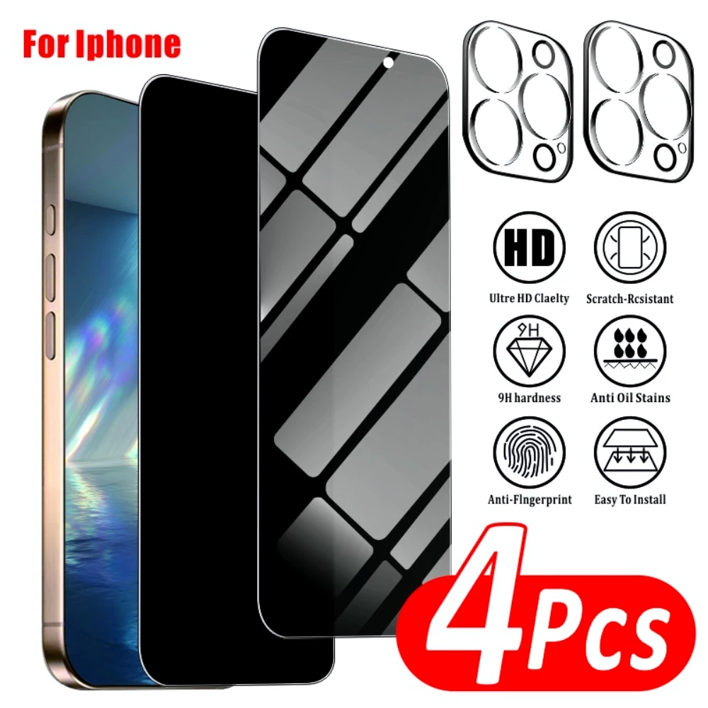 Protection d'écran anti-espion 4-en-1 pour iPhone 17 16 15 14 Pro Max Air 17e 16e, et verre de protection d'objectif d'appareil photo pour iPhone 13 12 11 Pro 15 14 Plus
