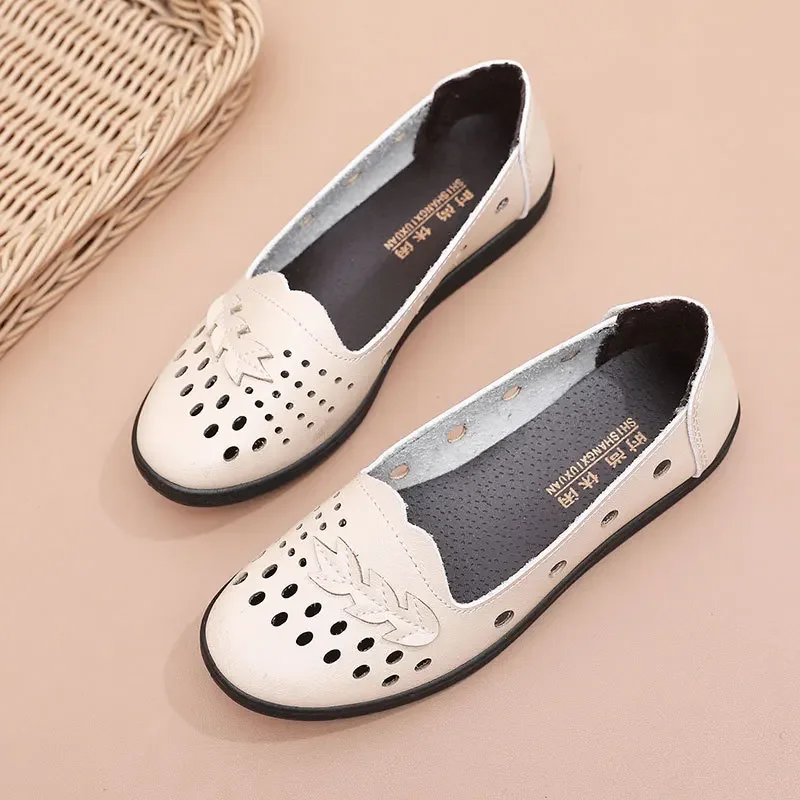 Fashion Summer Women Loafers Leather Casual Shoes Slip-on Ballet Flats Woman Luxury Hollow Out Breathable Women's Moccasins