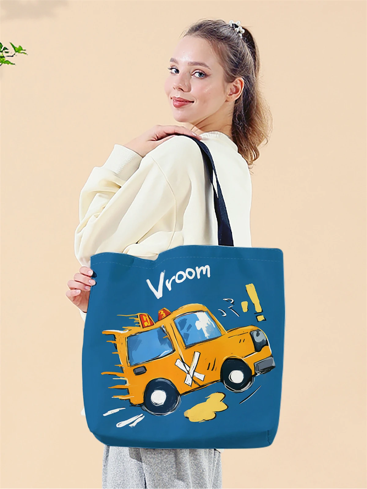 1pc,cartoon car handbag, reusable fashionable handbag, multifunctional handbag, printed canvas shopping bag