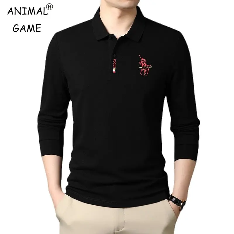 

Korean Men's Business Lapel Shirt Embroidered Long Sleeved T-shirt Men's Clothing Anti-wrinkle Poloshirts