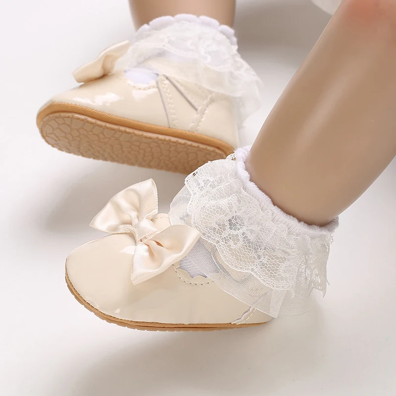 New Beige Baptist shoes Spring Baby Shoes PU Leather Newborn Girls Shoes First Walkers Princess Bowknot Baby Prewalker 6