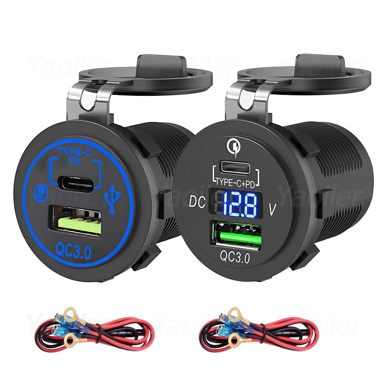 Qidoe Presa USB C 78W 4 Porte in Alluminio: Doppia PD 30W e Doppia QC 18W Presa di Corrente per Auto da 12V/24V Impermeabile con Voltmetro e Cavo C a C, Adatta