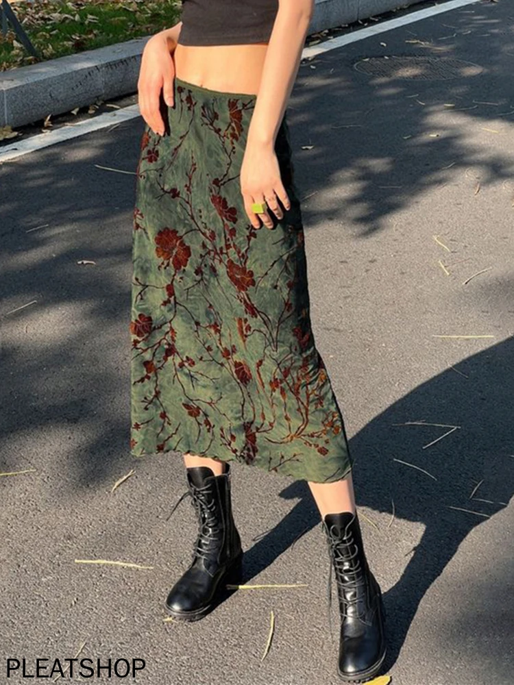 Vintage Green Skirts for Women, Floral Print, High Waist, A Line