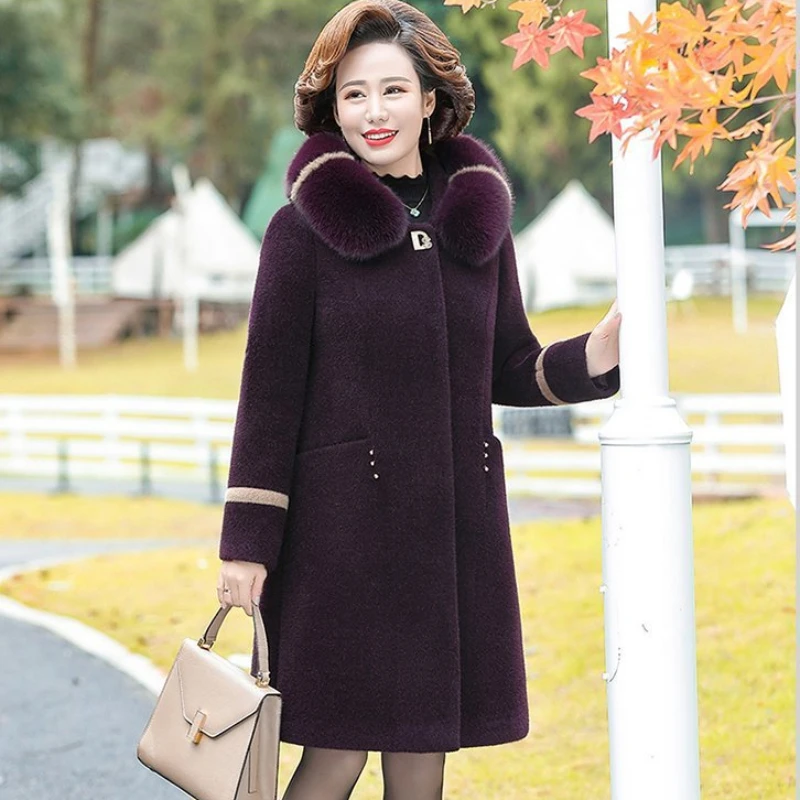 2023 New Middle-Aged and Elderly Faux Mink Velvet Coat Winter Women Temperament Thicken Warm Mid-Length Hooded Woolen Outwear