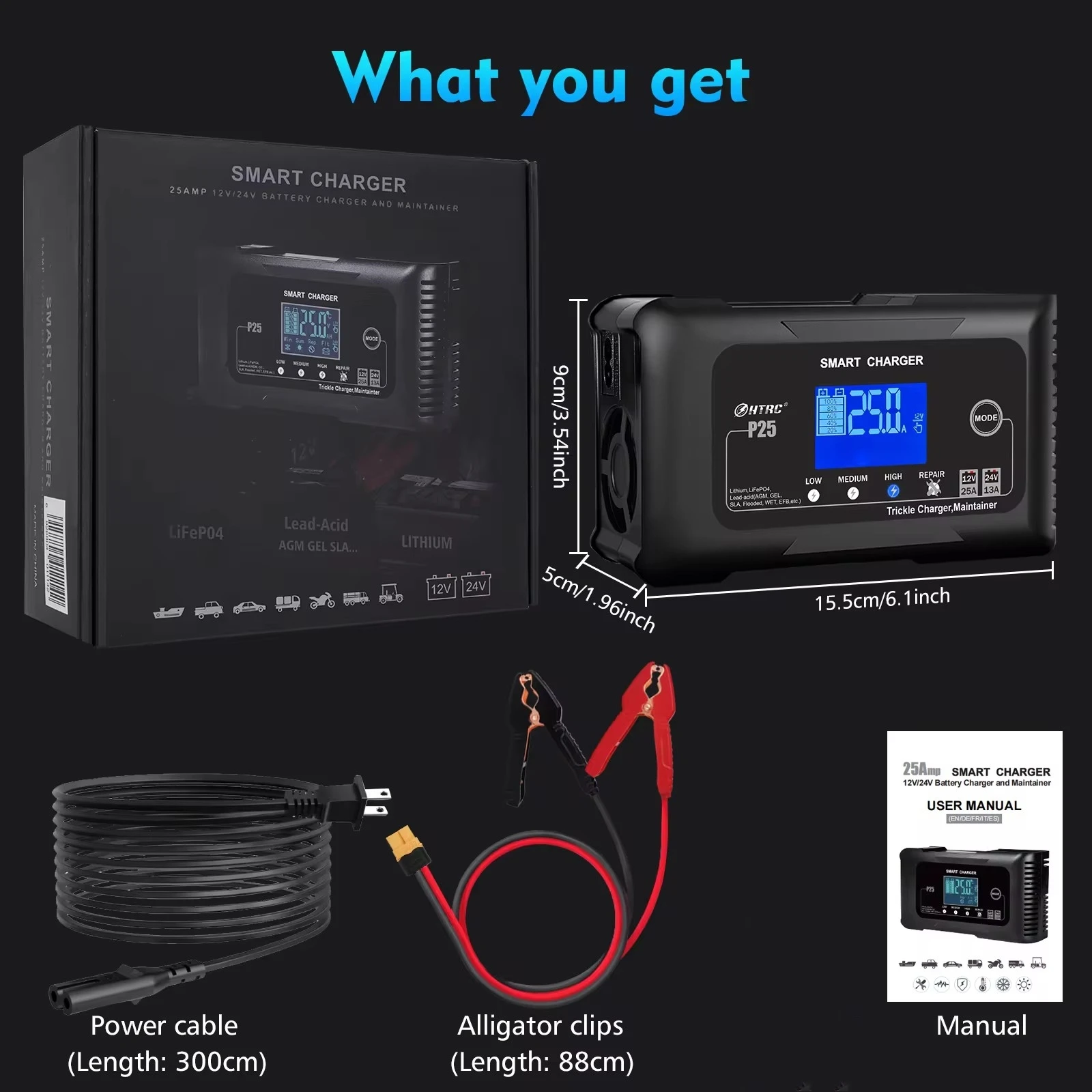 HTRC 20A/25A Car Battery Charger High Power Smart Charger for Lithium LiFePO4 AGM GEL Lead-acid Battery 12V 24V Charger for Car - 6