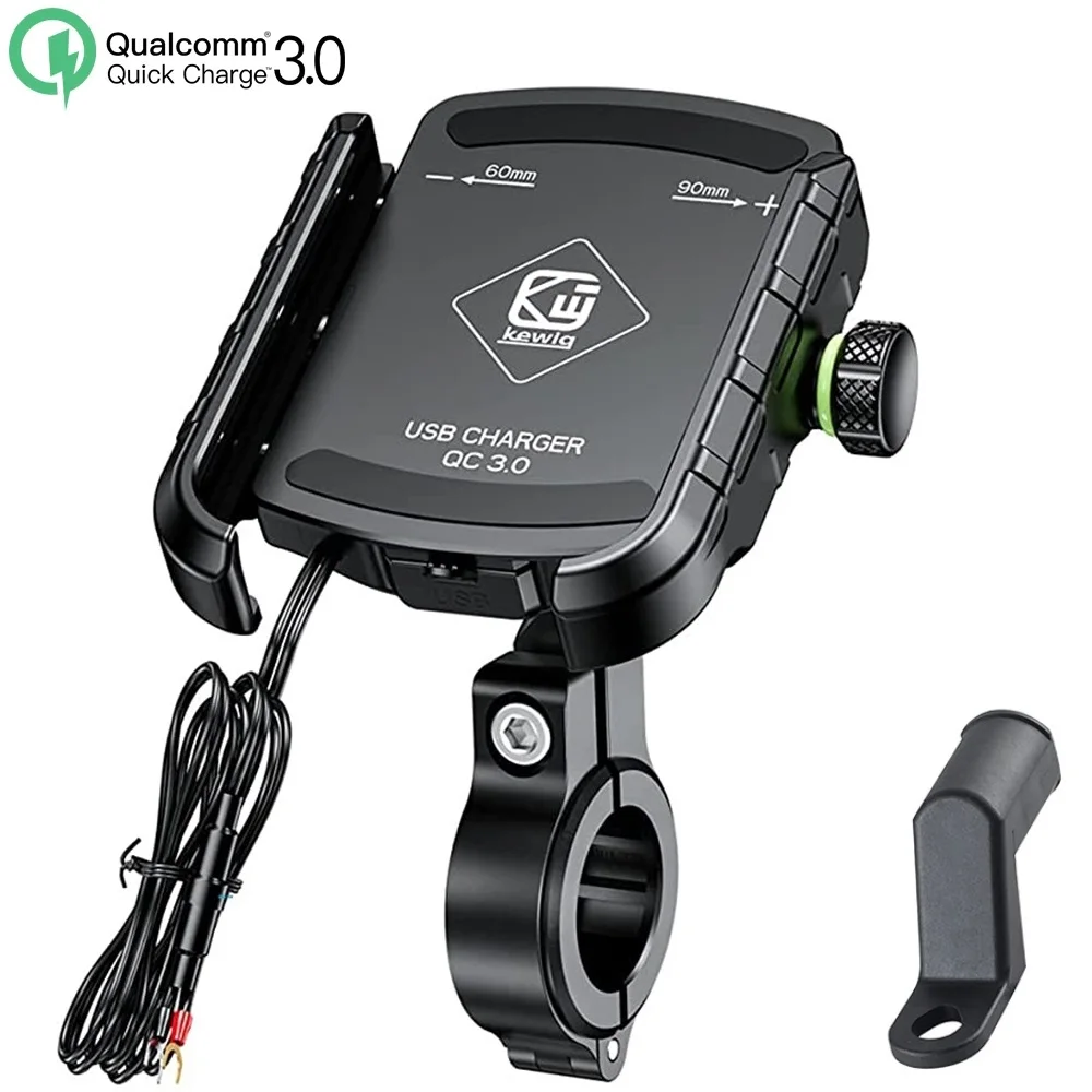 Universal Motorcycle Phone Holder with Quick USB and Wireless Charging, Mirror Stand and Handlebar Mount