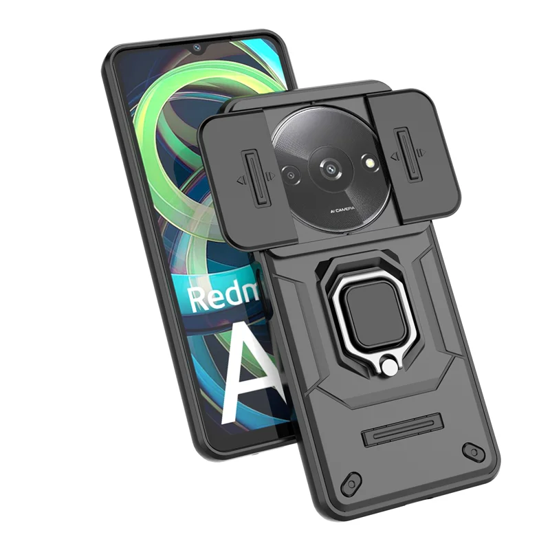 Shockproof Armor Phone Case with Slide Camera Cover and Magnetic Stand Ring