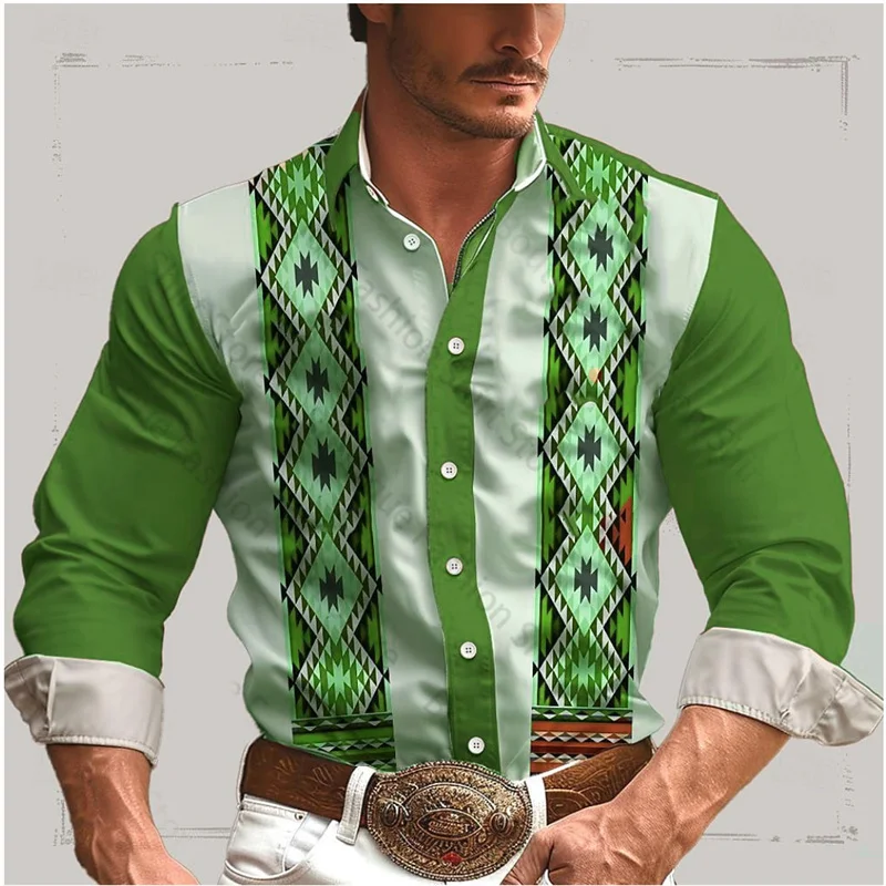 thumbnail image 1 of Camisa de hombre estilo occidental retro geométrico para exteriores, informal, de calle, para uso diario, primavera y verano, con solapa, manga larga, tallas S-5XL, camisa de tela elástica, 1 of 5