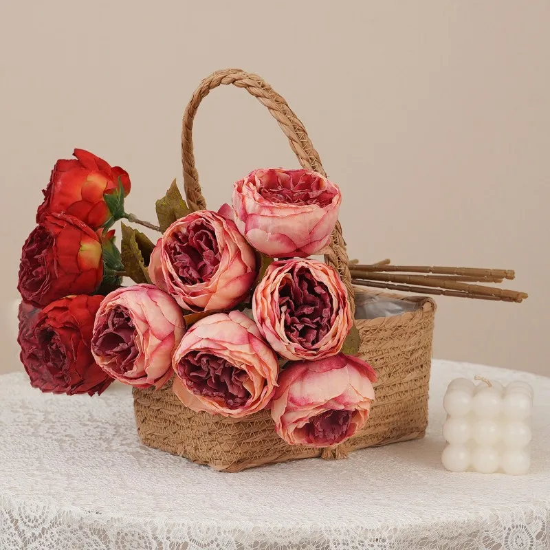 4/5 Stück Hochzeits-Seidenrosa Luo Yan Pfingstrosen-Bouquet Künstliche Blumen Auditorium-Dekoration Simulierte Pfingstrosen-Bouquets mit Verbrannten Kanten