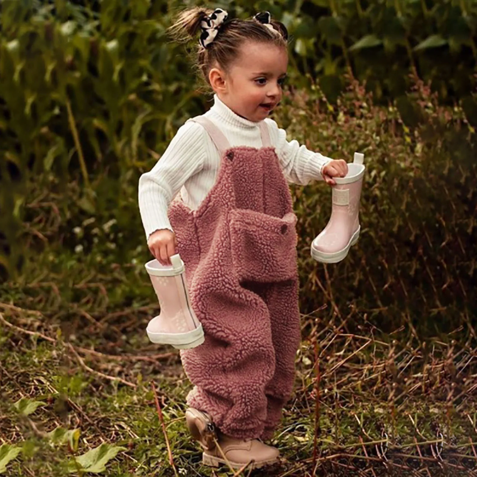 Autumn Winter Kids Girls Warm Plush Overalls Toddler Baby Solid Strapless Button Loose Pocket Fleece Suspender Trousers