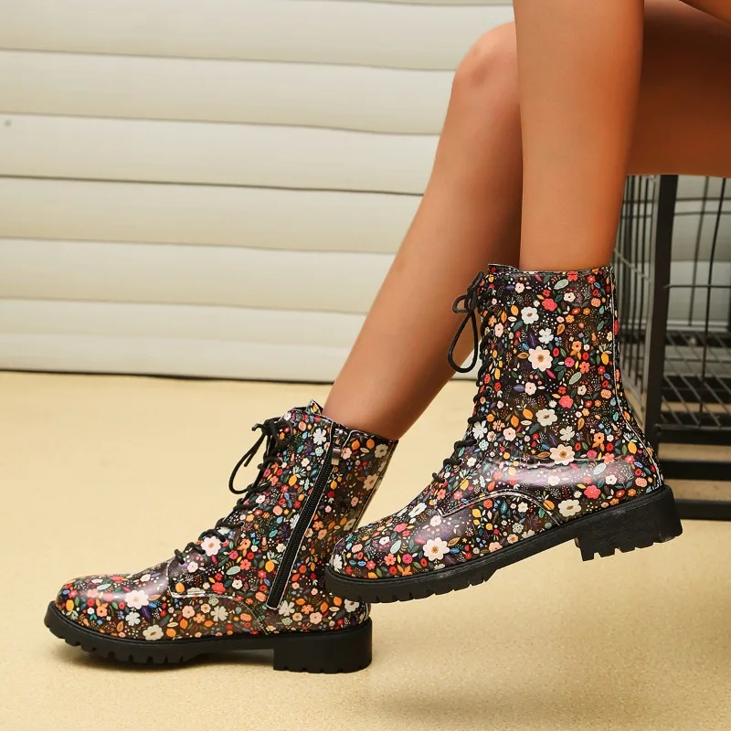 Shoes Female 2023 Hot Sale Lace Up Women Boots Winter Round Toe Mixed Colors Middle Barrel Chunky Heel Large Size Fashion Boots