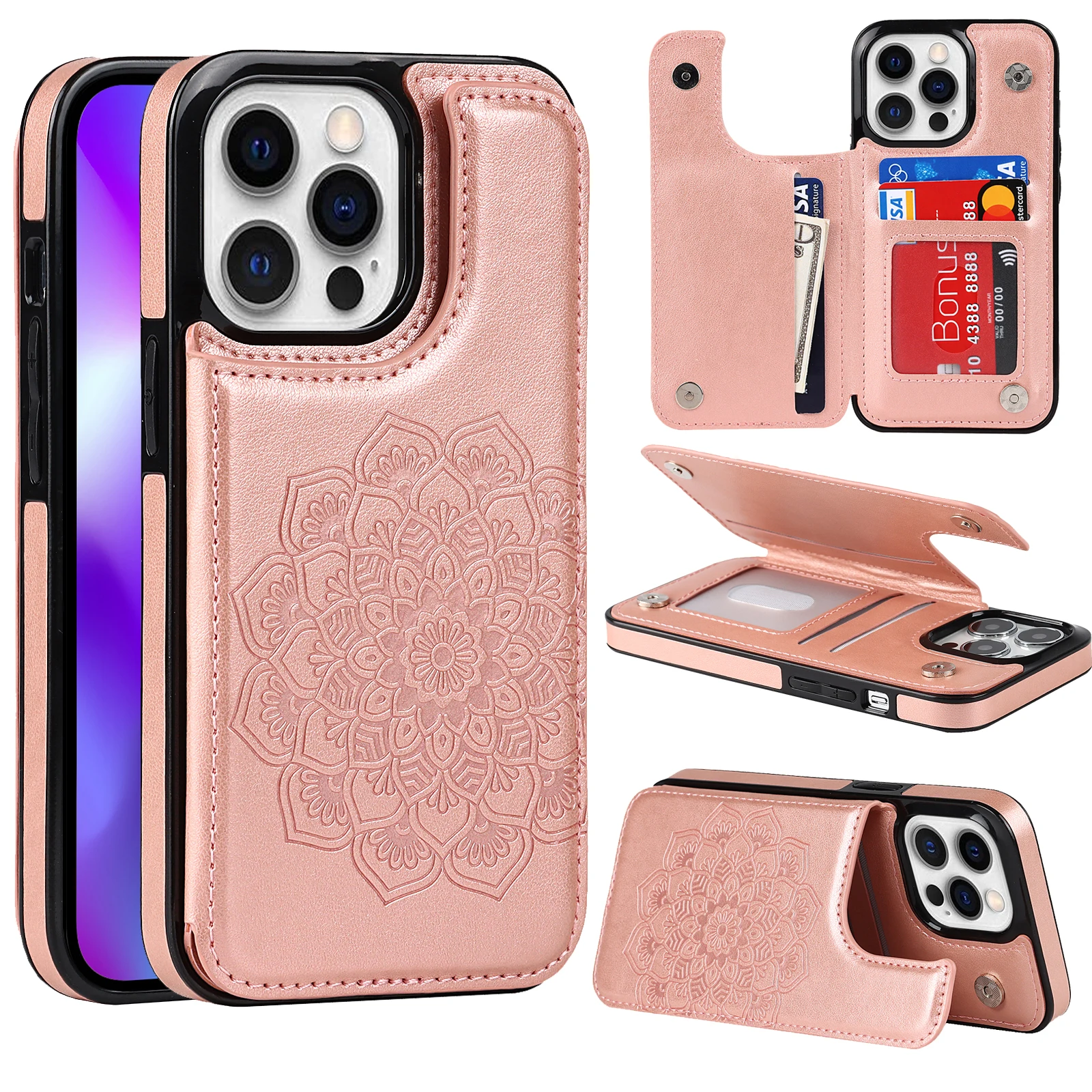 

Shockproof Leather Flower Card Holder Wallet Case For iPhone 14 Pro Max 13 12 11 XR X XS 8 7 Plus Flip Stand Kickstand Cover