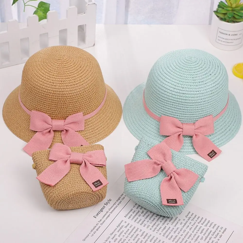 Set di berretti per borsa di paglia estivi per ragazza per 2-6 anni Cappello da sole per bambini Cappello da viaggio per protezione solare Cappello da spiaggia Cappello da pescatore per sole_voghion.com