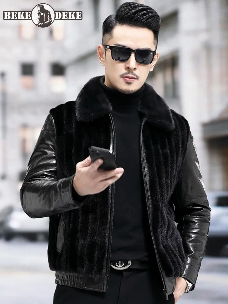 

Winter Men Warm Real Mink Fur Down Jacket Slim Fit Patchwork Goatskin Genuine Leather Coat Luxury Business Work Overcoat M-5XL