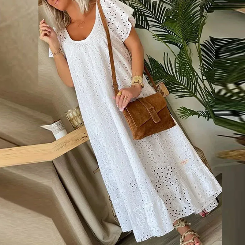 

Fashion Female Lace Hollow Out Maxi Dress Elegant Short Sleeve Lady Party Long Dress Women Casual Deep V Neck Beach Dresses