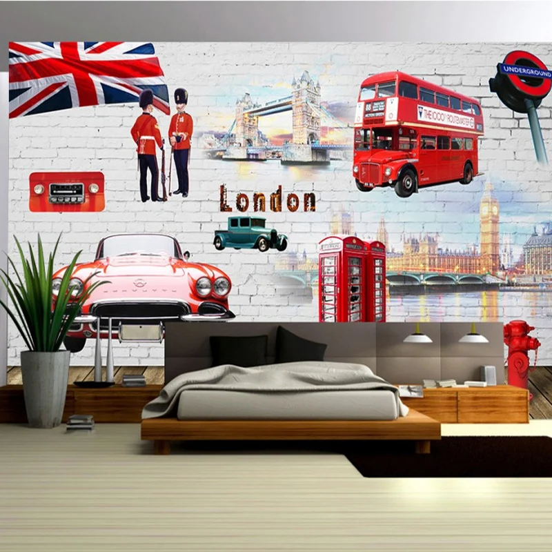 Custom 3D Wall Mural Wallpaper Red Bus London Vintage Brick Background Wall Decor Living Room Bedroom Home Decor Papel De Parede