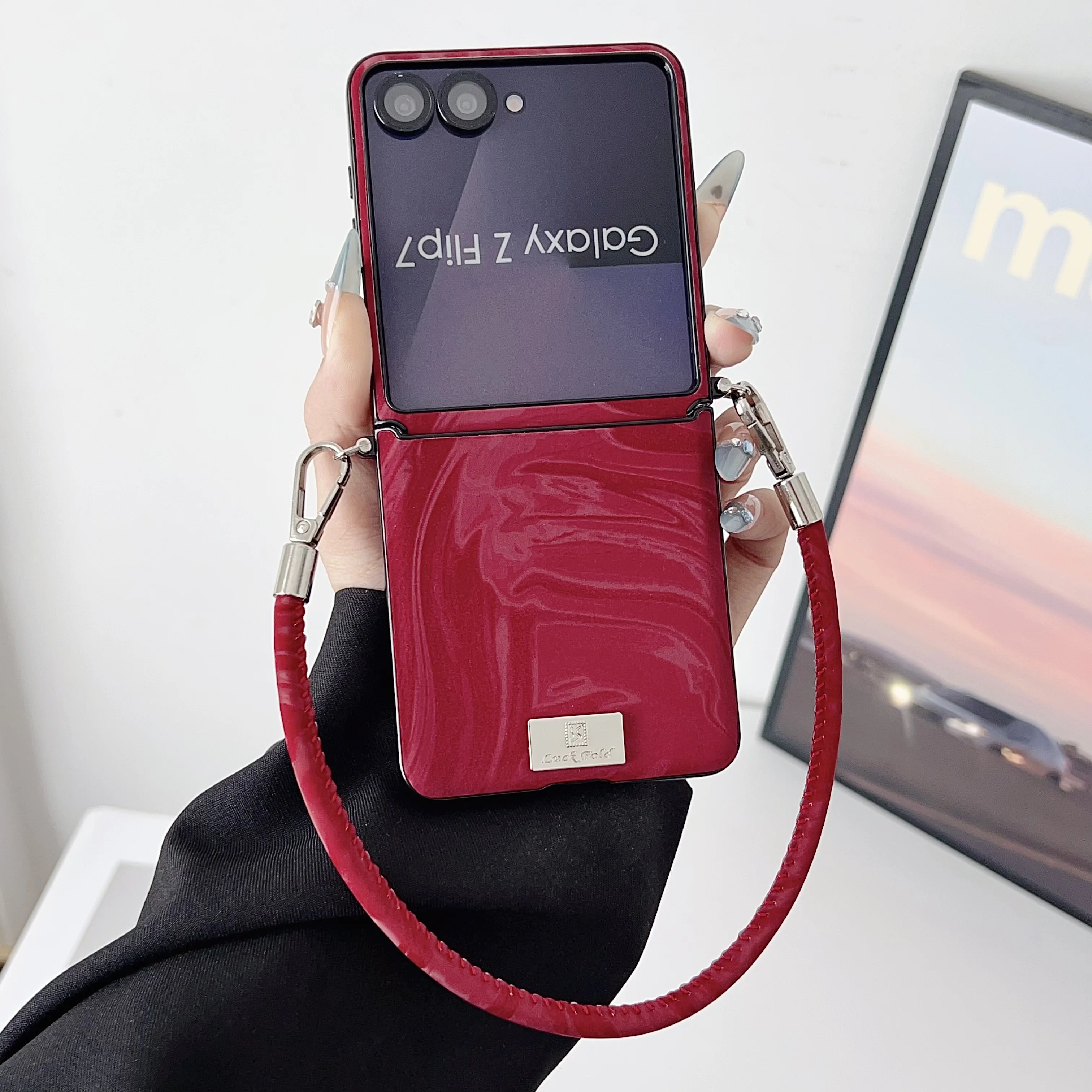 Luxury Water Ripple Leather Case with Nameplate and Lanyard - Fashion Back Cover