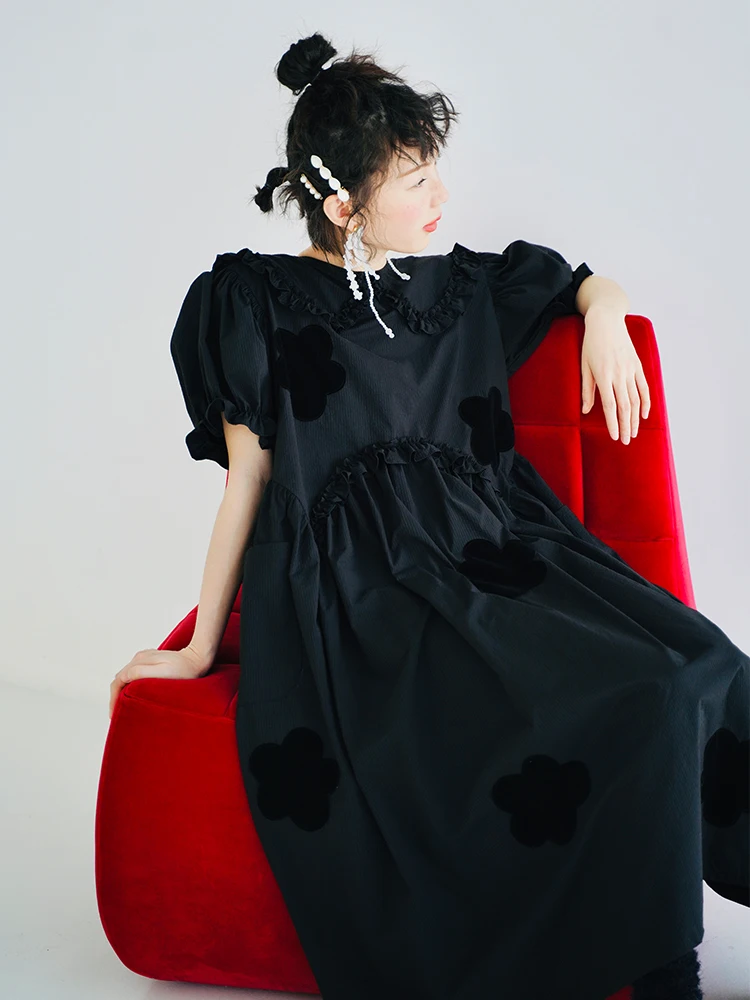 Imakokoni 2022 Original Summer Pure Cotton Black Dress