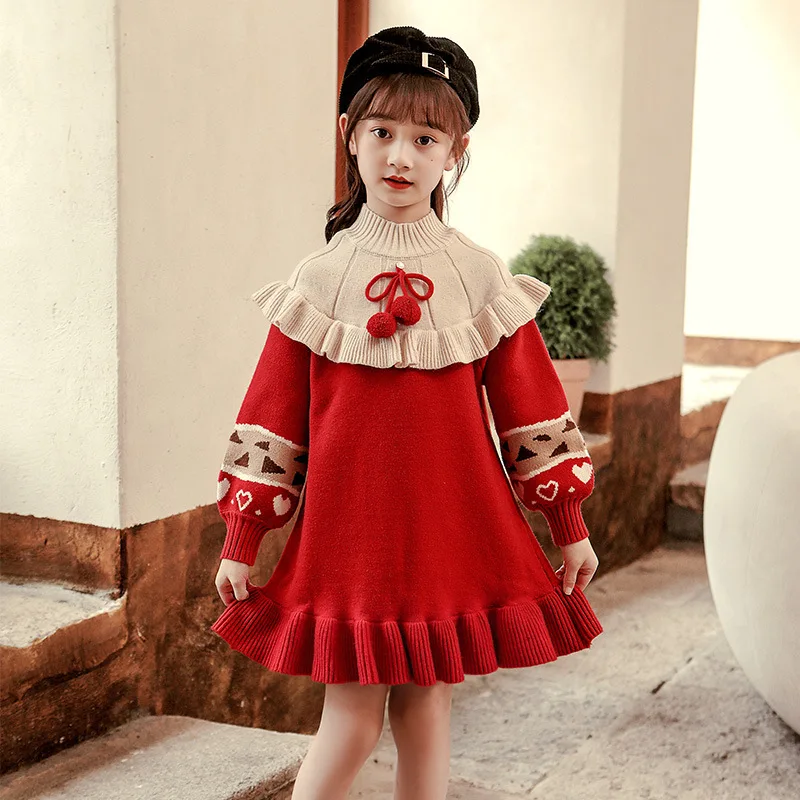 

Girls Long Sleeve Knitting Dresses Children Long KNIT Dress Red Christmas Sweater Girl Clothes New Year Xmas Princess Dresses