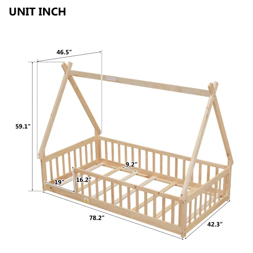 Tent-shaped Floor Bed, Bed with Guardrails, Slats,Natural 6