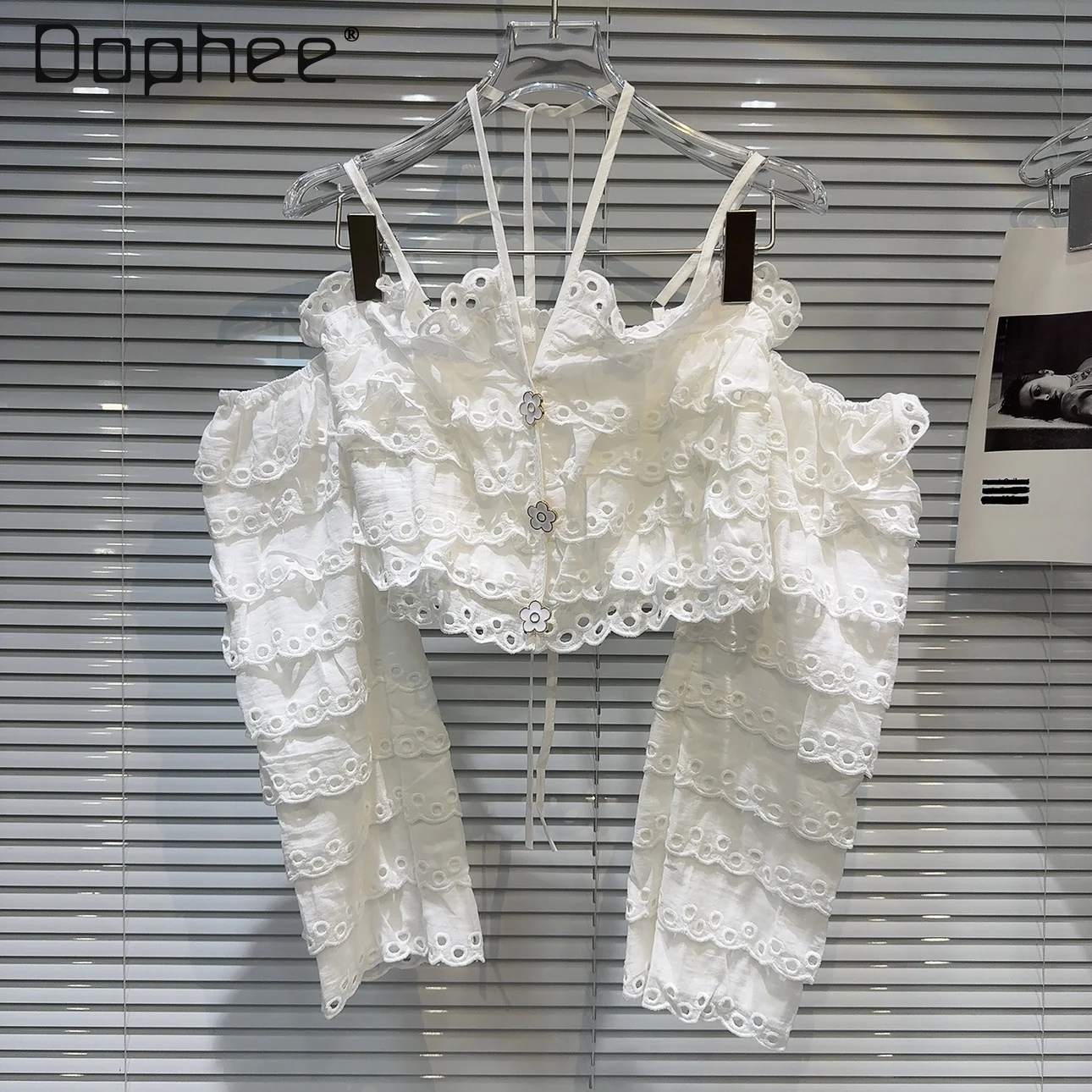 Elegant Flower Buckle White Lace Shirt Blouse for Women 2024 Summer New Socialite Slash Neck Ruffled Long Sleeve Shirts Feminina