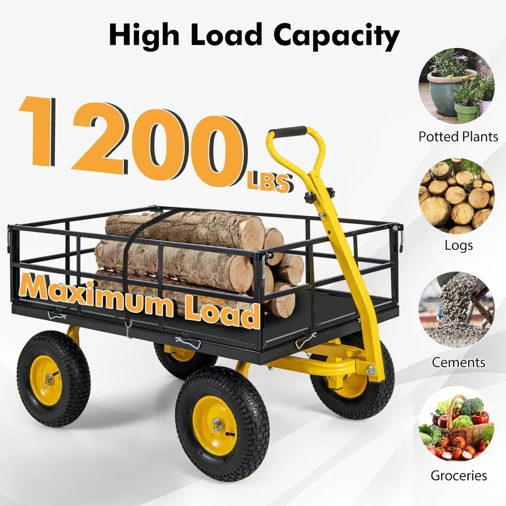 Mesh Steel Garden Cart, 1200LBS Utility Wagon with 4 Removable Sides, 13” Pneumatic Wheels, Adjustable Handle, Bungee Cord, Con 3