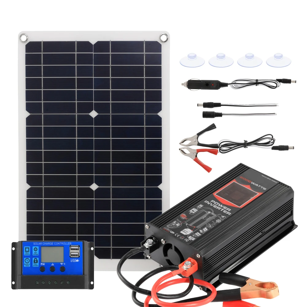 

6000W Power Inverter 12V to 220V 18W Solar Panel Cell 30A Controller USB Portable Emergency Generator Power Battery Charge