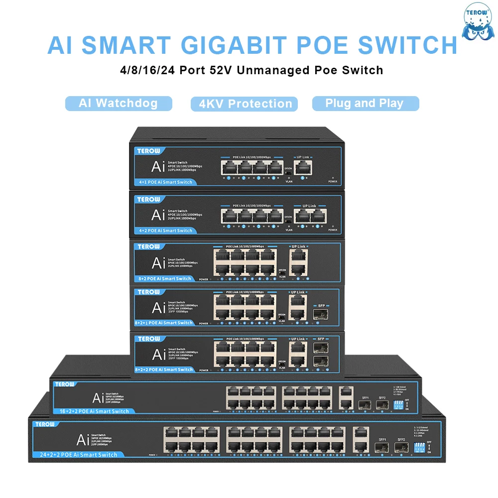 

TEROW POE Gigabit Switch 4/8/16/24 Ports 1000Mbps Network Ethernet 802.3 AF/AT VLAN RJ45 Switch for IP camera/Wireless AP/NRV