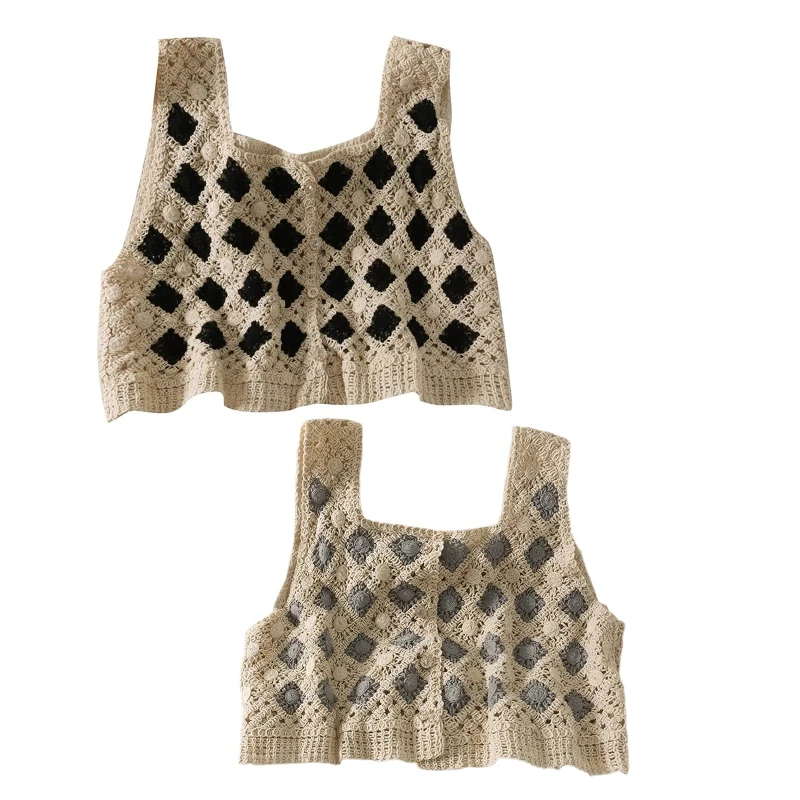 Women Crochet Sleeveless Button Vest Knit Rhombus Plaid Crop Cardigan Waistcoat N7YF