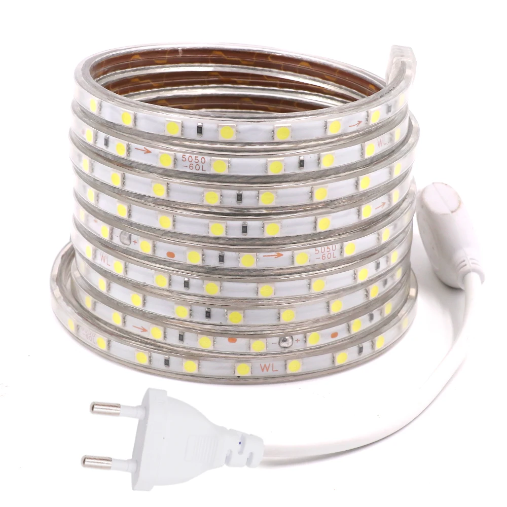 

220V LED Strip Waterproof SMD 5050 White/Blue/Yellow/Green/Red for Wall Room TV Decoration Flexible Diode Tape Led Ribbon Lamp