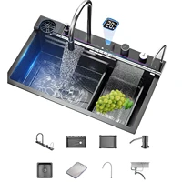 Kitchen Sink Digital Display Embossed Large Single Groove honeycomb  Nano Raindance Waterfall Sink  29.5 INCH 1