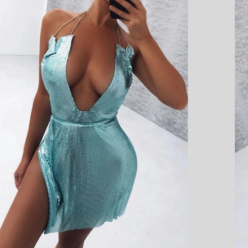 

Y2K Metal Chain Sequined Dress For Women V-neck Solid Color Backless 2023 Summer New Elegant Fashion Sexy Evening Party Dresses