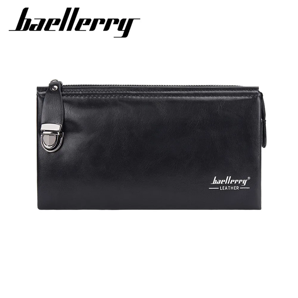 Baellerry Men's PU Clutch Bag, Business Light Luxury, Large Capacity with 2 Main Pockets, Zipper & Ticket Holder, Black/Brown