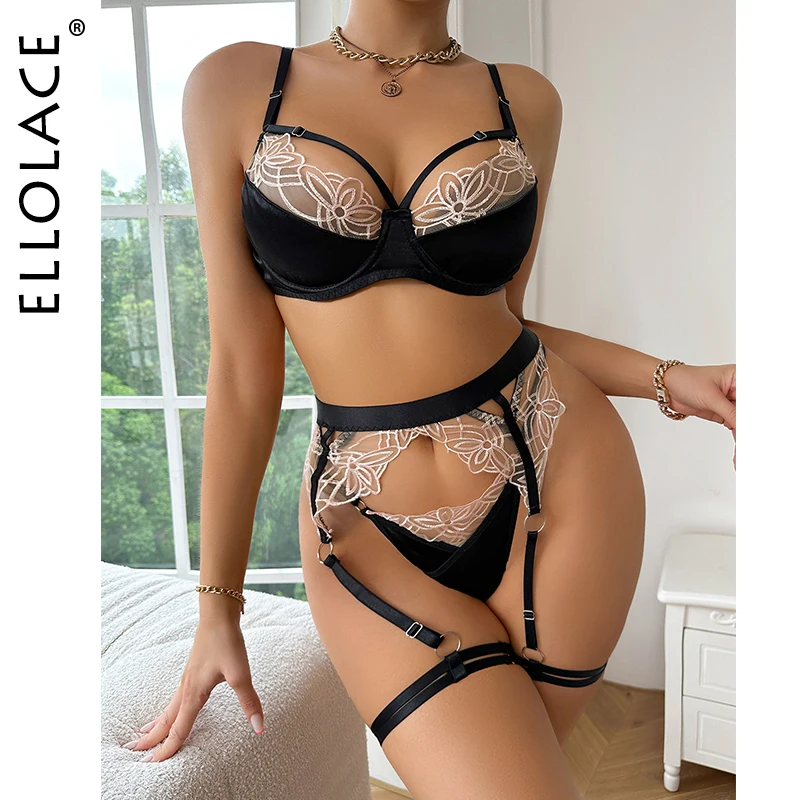 

Ellolace Floral Lingerie Lace Patchwork Women's Underwear Garter Belt Set French Intimate Hot Girl Luxury Fancy Bilizna Outfit