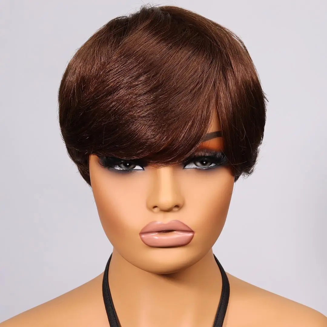 짧은 인간의 머리카락 픽시 컷 가발 흑인 여성을위한 스트레이트 perruque bresilienne 전체 기계 제작 가발 앞머리 저렴한 가발