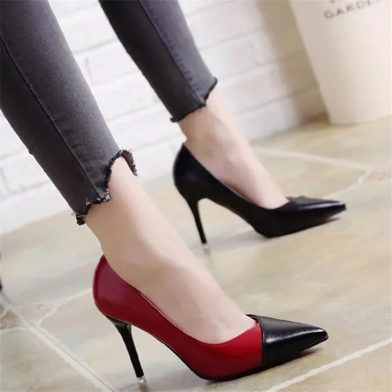 Women Pumps OL Fashion Spell Color High Heels Single Shoes Female Spring Summer Patent Leather Wedding Party Shoes Woman