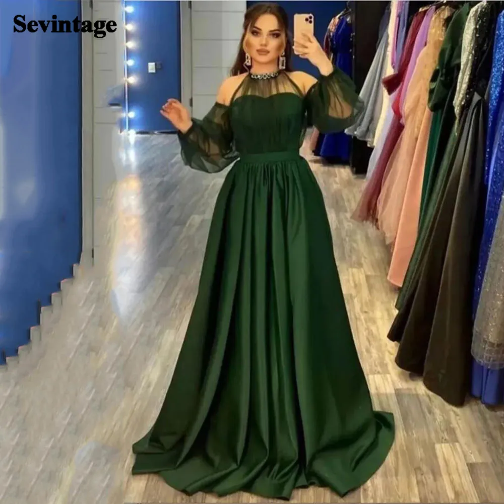 

Женское атласное платье Sevintage, темно-зеленое платье с длинными рукавами-фонариками, арабское платье для выпускного вечера, свадебное платье...