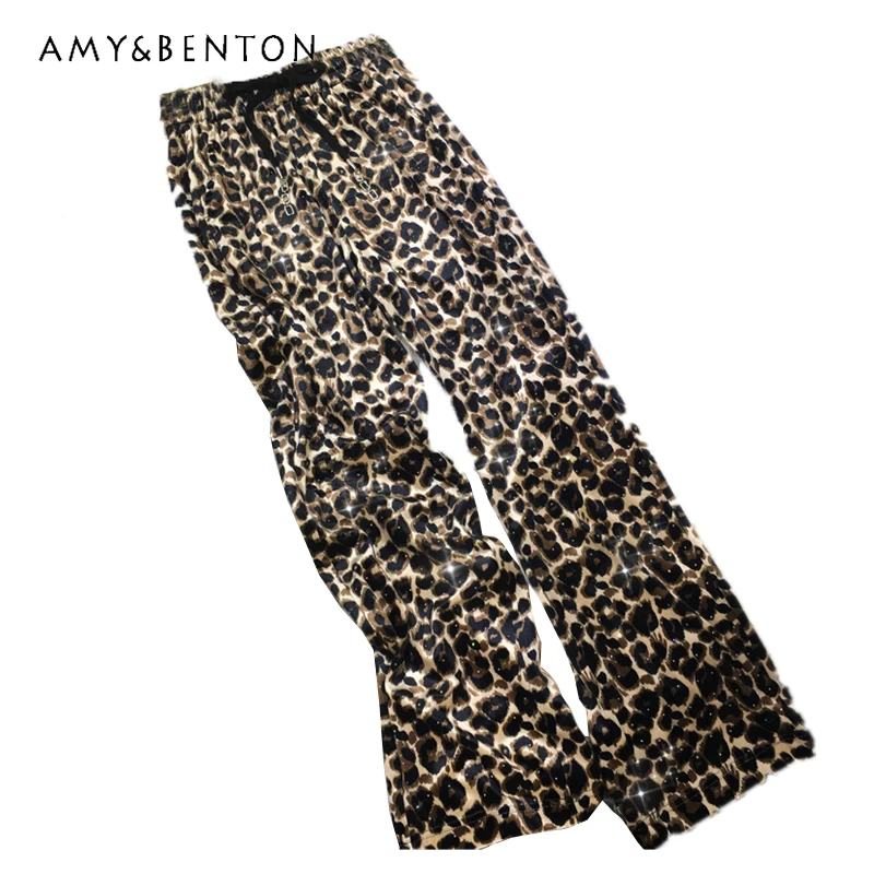 Heavy Embroidery Diamond Drills Pants Light Luxury Leopard Print Elastic Waist Oversize All-Matching Pants Autumn New Trousers fleece padded jeans trousers female side diamond drills slight elastic five pointed star pendant slim version straight leg pants