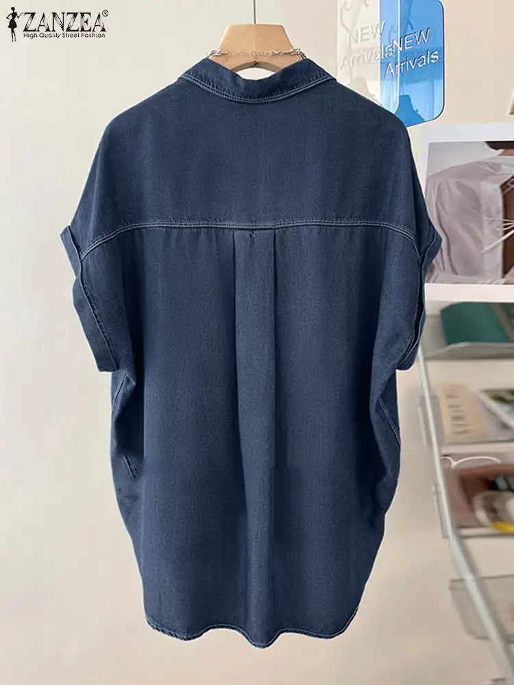 ZANZEA Women Denim Blue Shirts Blouse 2023 Summer Short Sleeve Elegant OL Solid Dating Tops Tees Casual Loose Blusas Femininas