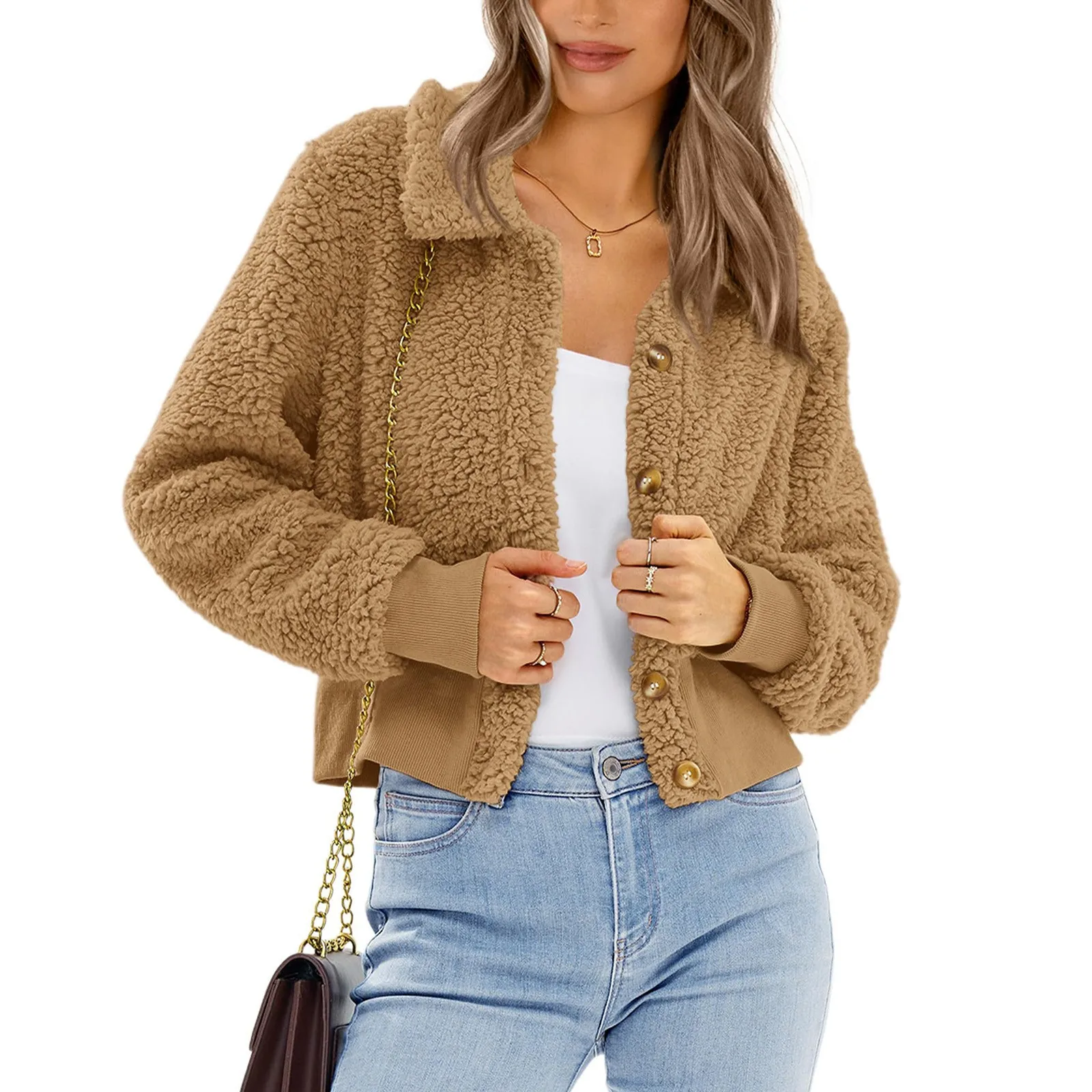 

Women'S Button Down Jacket Long Sleeve Warm Fall Winter Outwear Fuzzy Fleece Lapel Short Coats Fashion 2023 New Street Wear