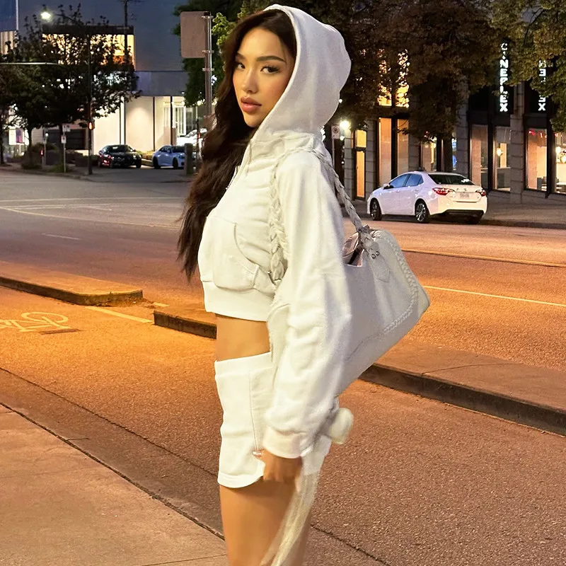 Autumn Fashion Hoodie 2 Piece-Set Skirt Female Cropped Zipper Cardigan Top And Skirt Sets Tracksuit Women's Sexy Outfits