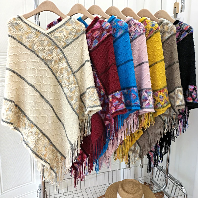 

Ethnic Style Tassel Capes Ponchos for Women Loose Sweater Knitwear Shawl Cloak Tassel Knitted Shawl Air-Conditioned Shirt Cover