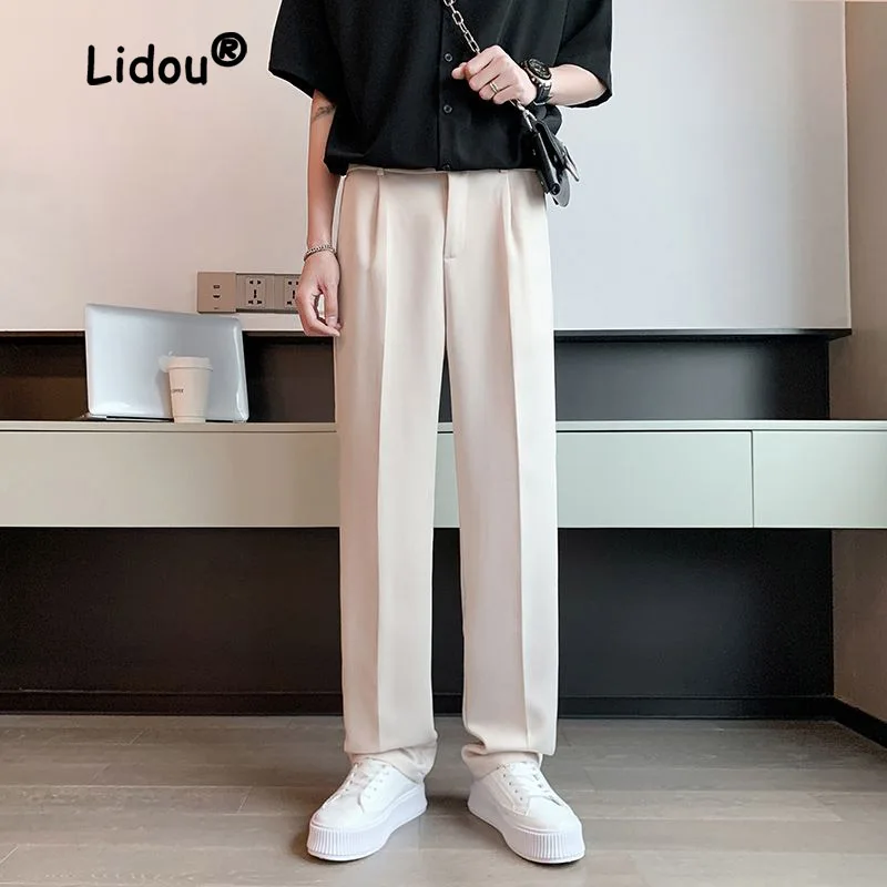 Spring Summer Solid Color Men's Business Pants Classic Pockets Loose Straight Cylinder Casual Zipper Button Male Trousers
