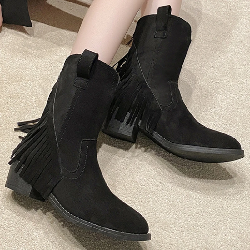 2023 Hot Sale Shoes for Women Zipper Women's Boots Winter Pointed Toe Solid Flock Mid-Calf Chunky Heels Western Tassel Boots