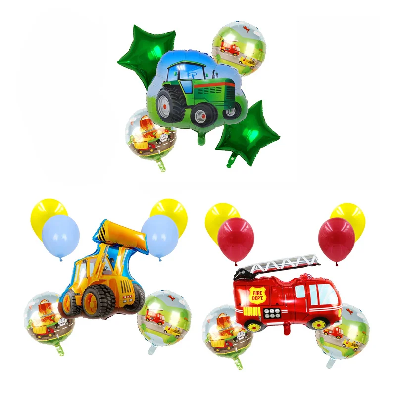1Set Construction Foil Balloon Excavator Firetruck Tractor Farm Balloons Latex Ball Birthday