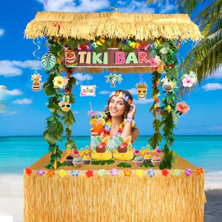 Abundant Tiki Bar Hut Kit Portable Outdoor Tiki Bar Decor with Hawaiian Leis hanging swirl decoration Roof Banner Luau Party Su