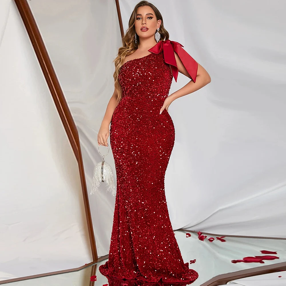 

Burgundy Mermaid Evening Dresses Women 2023 Sweep Train Sequined One Shoulder Formal Party Dresses Bow Strap Robes De Soirée