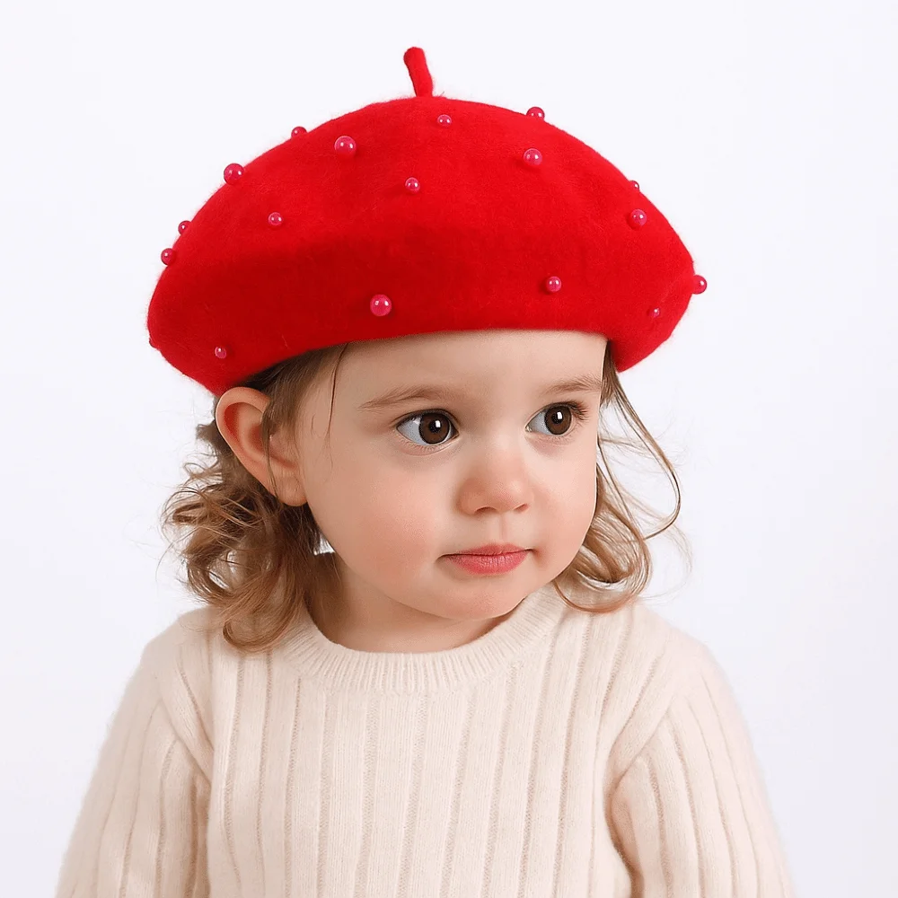 Fashion Pearl Children's Beret Solid Color Warm Baby Wool Hat Woolen Korean Style Painter Hat Winter