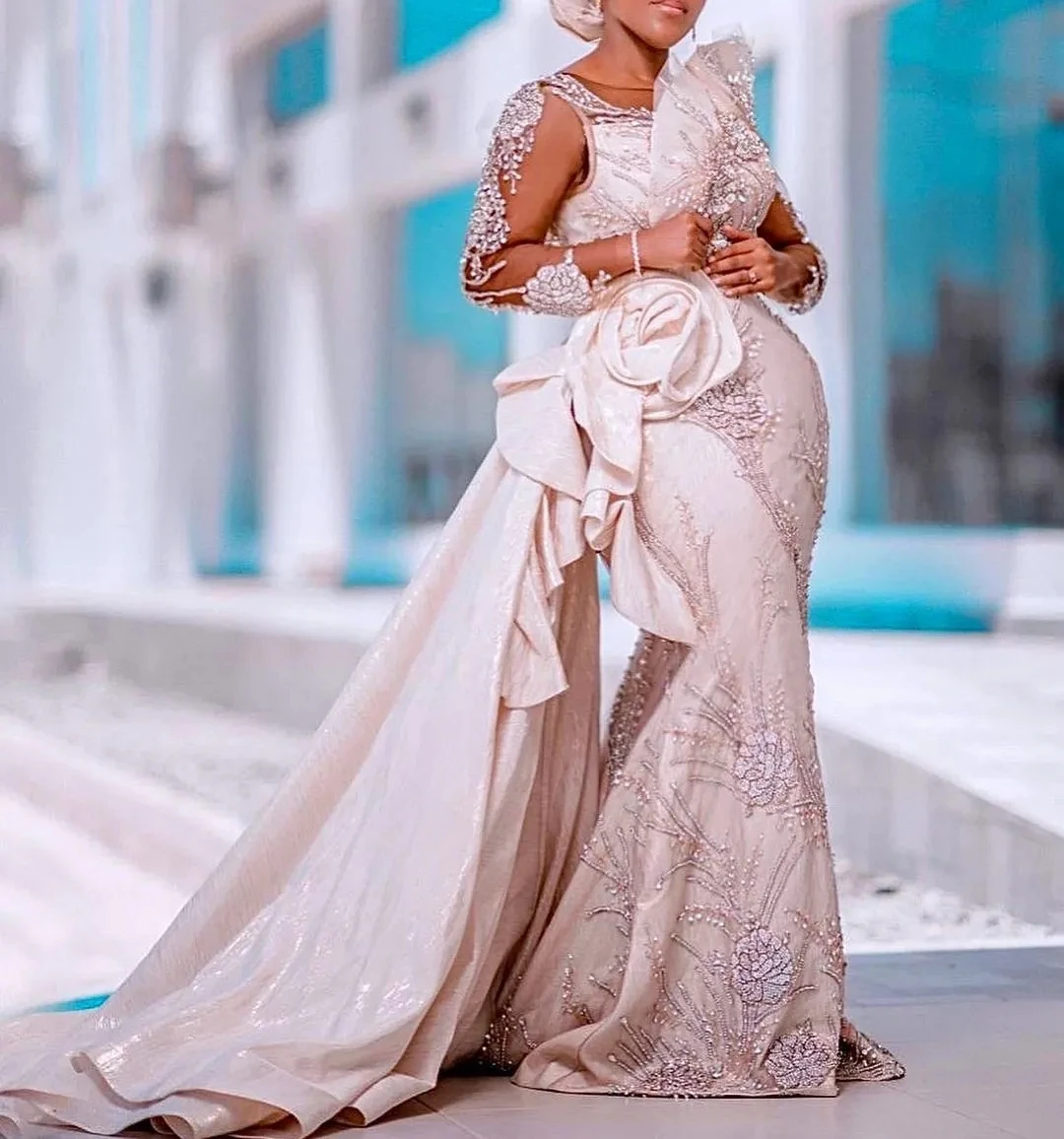 

Aso Ebi African Evening Dresses Mermaid Long Sleeves Appliques Pearls Long Dubai Saudi Arabic Black Girls Evening Gown Prom